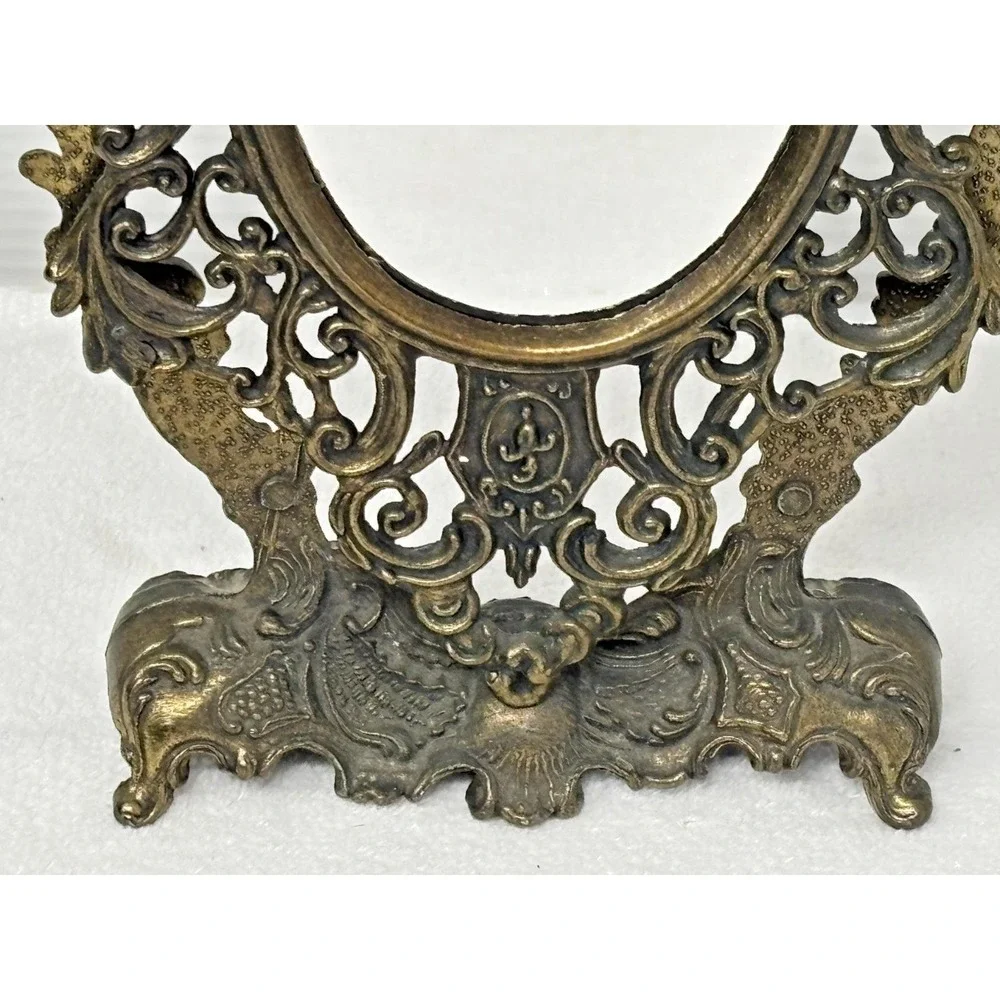 Vtg Ornate Cast Metal Vanity Mirror Tabletop Rococo Victorian Style Brass Finish